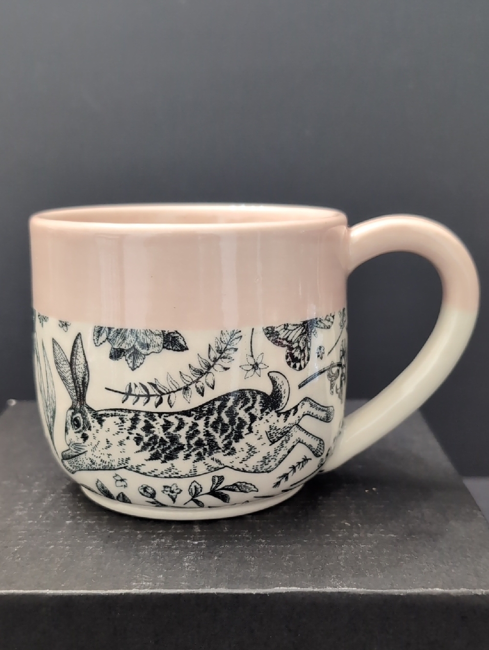 L.Dyck Pink/White Pottery Mug Features A Rabbit/Florals.